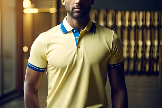 a man in a yellow polo shirt standing in a room. AI-Generated photo