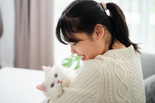 Happy Woman Playing with Cat in Cozy Living Room at Home. photo
