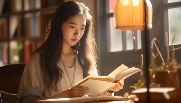 asian girl reading a book in the library photo