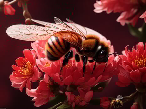 Crimson blossom, a bee Background. Generative Ai photo