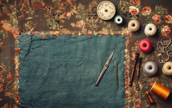 Vintage Sewing Supplies on Floral Background photo