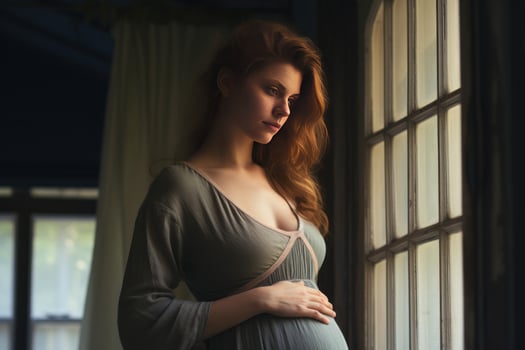 Portrait of beautiful pregnant woman near window. Generate Ai photo