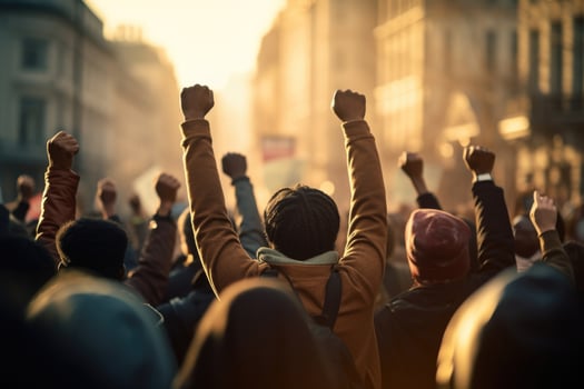 People protesting at city street. Generative AI photo