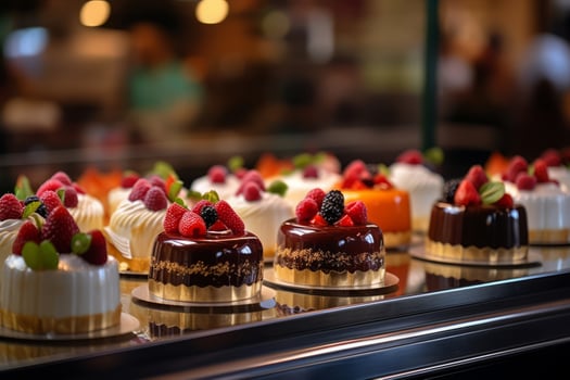 Small cakes on display at the patisserie counter. Pastry shop glass display with cakes. Generative AI photo