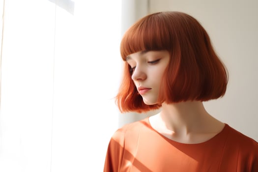 Young woman with short bob haircut on light background. AI Generative photo