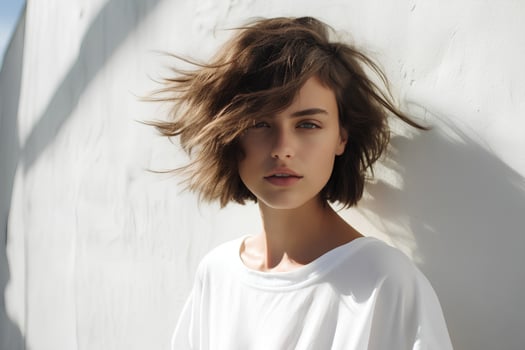 Young woman with short bob haircut on light background. AI Generative photo