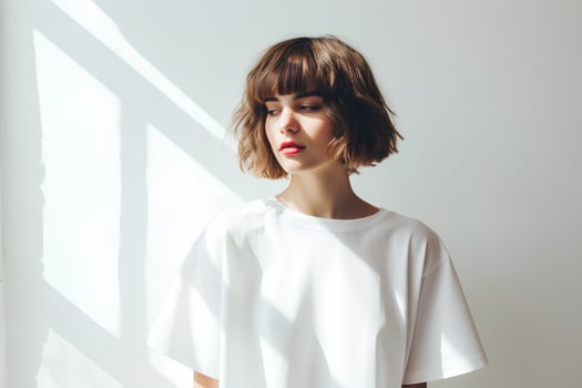 Young woman with short bob haircut on light background. AI Generative photo