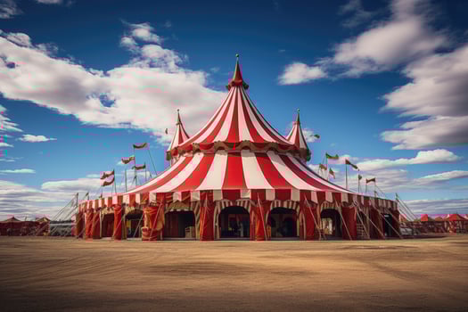 Circus tent against the blue sky with clouds. Circus poster, poster. World Circus Day. Generated by artificial intelligence photo