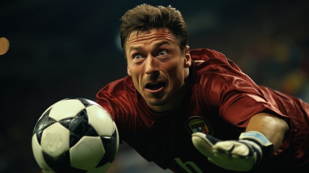 Goalkeeper in red uniform catches the ball in the stadium during a football game. photo