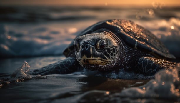 A cute turtle swimming in the tranquil blue underwater world generated by AI photo