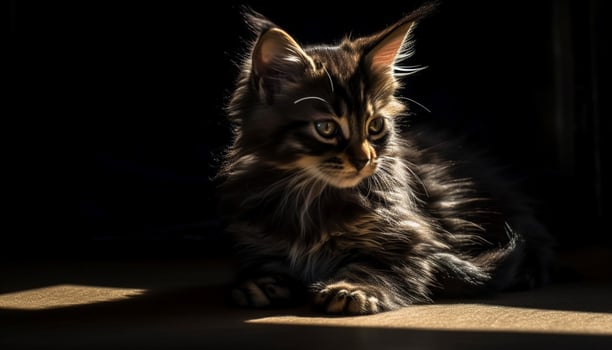 Cute kitten, small and fluffy, sitting and looking at camera generated by AI photo