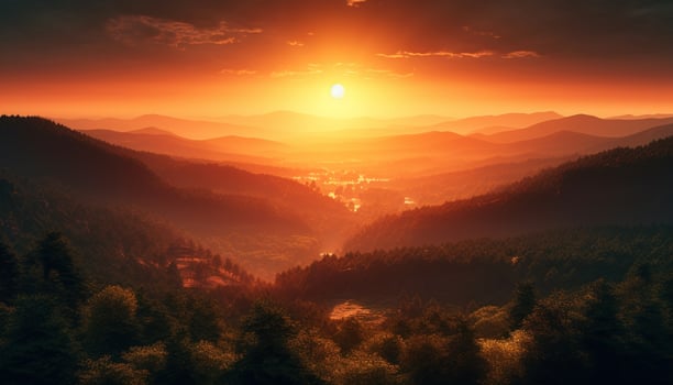 Majestic mountain peak, tranquil sunset, green meadow, idyllic rural scene generated by AI photo