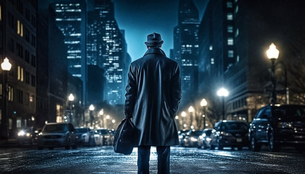 A confident businessman walking in the city, surrounded by skyscrapers generated by AI photo