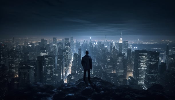 A businessman standing in the cityscape, looking at the sunset generated by AI photo