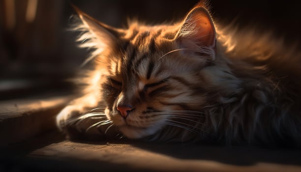 Cute kitten resting, staring at sunlight, surrounded by nature beauty generated by AI photo