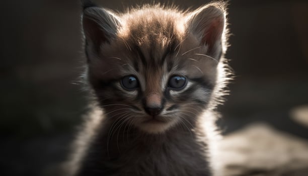 Cute kitten with striped fur, sitting outdoors, looking at camera generated by AI photo