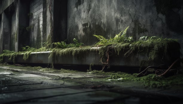 Spooky old ruin in dark forest, nature mystery generated by AI photo