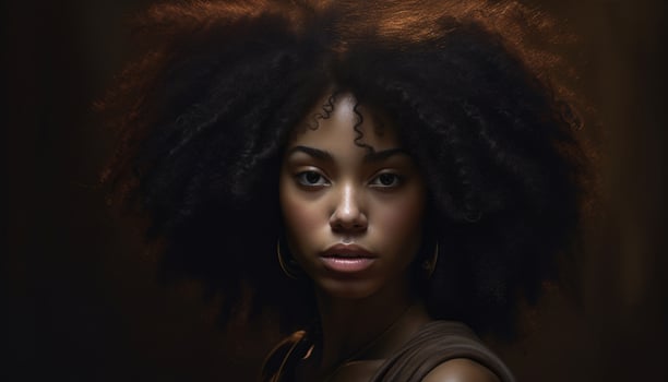 Young woman, beauty, fashion model, brown hair, curly hair, African ethnicity, elegance, confidence, smiling generated by AI photo