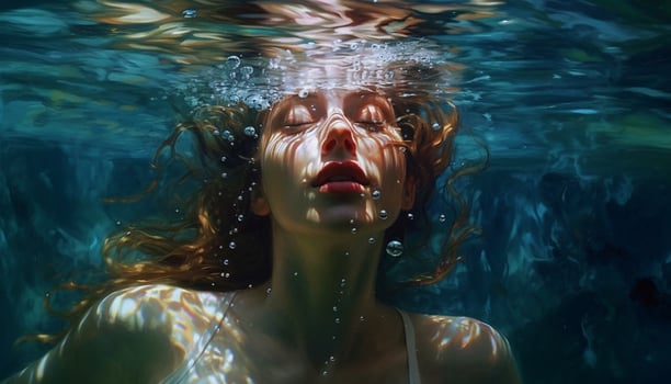 One woman underwater, enjoying the beauty of nature generated by AI photo