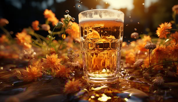 Refreshing drink in a glass, nature beauty, summer golden sunset generated by AI photo