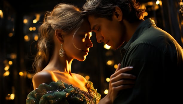 Young couple embracing, smiling, enjoying a romantic illuminated Christmas night generated by AI photo