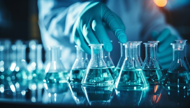 Chemists use beakers, flasks, and test tubes to conduct experiments and analyze chemicals in a laboratory, advancing scientific knowledge and developing new medical treatments. Generative Ai. photo
