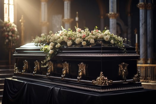 closeup shot of a casket in a hearse or chapel before funeral or burial at cemetery AI generated photo