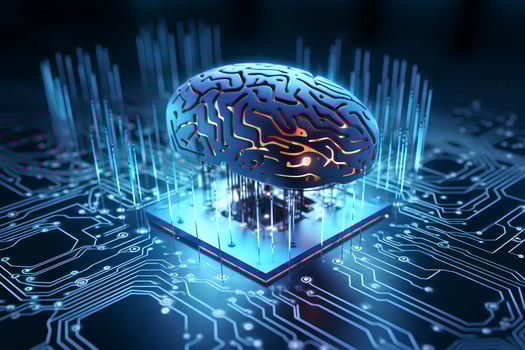 AI Chipset Melds with Human Brain on Computer Circuit Board for Futuristic AI and Deep Learning Tech Background. Ai CPU concept. Ai generative photo