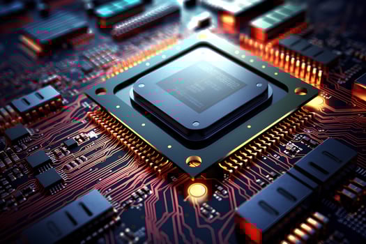 Detailed view of a contemporary circuit board with CPU, microchip, and components, perfect for tech presentations and illustrations. Ai generative photo