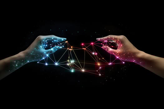 Close up of human hands touching with fingers social connection concept on dark background, Hand united together to form lines, triangles, and particle style design, AI Generated photo