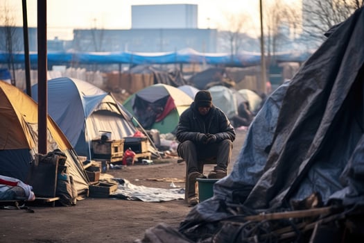 Ukrainian refugees on the streets of Kiev. Refugees are arriving constantly to Ukraine on their way to Germany, homeless and in poverty in a tent city, AI Generated photo