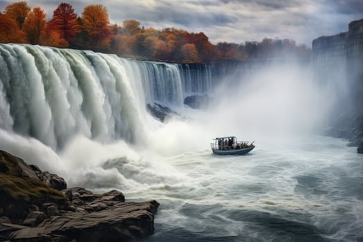 Niagara Falls, Ontario, Canada. Autumn scene of Niagara Falls, Horseshoe Fall, Niagara Gorge and boat in mist, Niagara Falls, Ontario, Canada, AI Generated photo