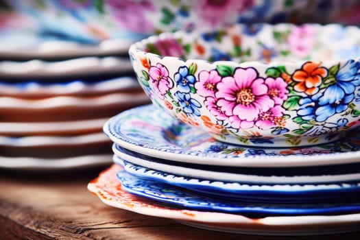 A stack of vintage folk floral patterned porcelain plates. Generative AI photo