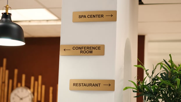 Empty stylish business accommodationlobby interior with luxurious deluxe conference room, spa center and restaurant amenities. Close up of hotel facilities plaque signs on resort lounge wall photo