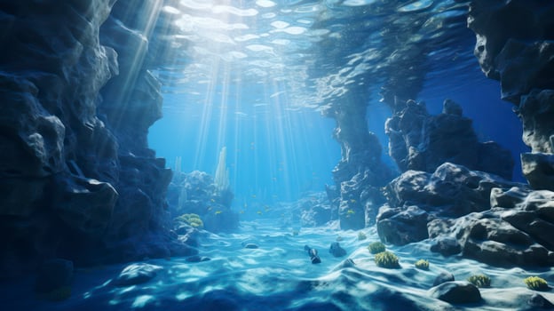Submerged Splendor. The Radiance of Sunlit Stalactites in Pristine Waters. Generative AI photo