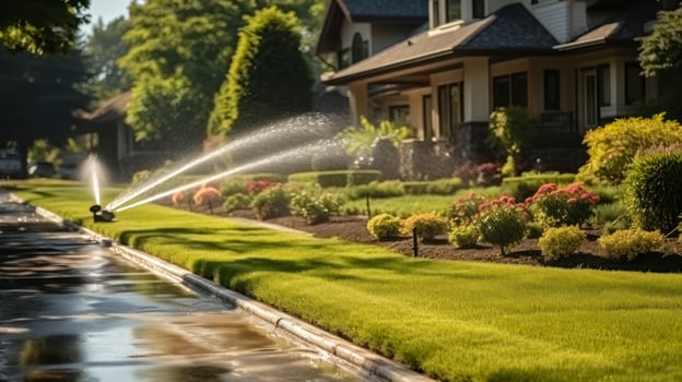 Sprinklers Bringing Life to a Sun-Dappled Residential Street. Generative AI photo