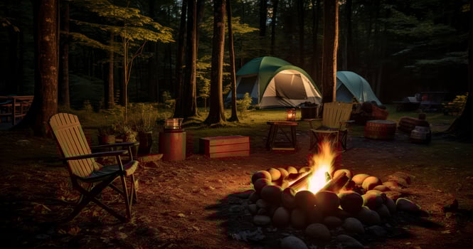 A serene campsite with a campfire and camping chairs offers a peaceful retreat in nature. Generative AI photo