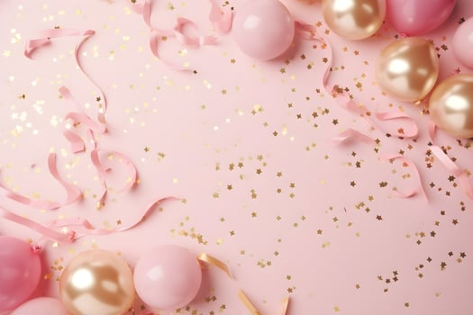 Party stylish decorations on pink background, ai generative photo