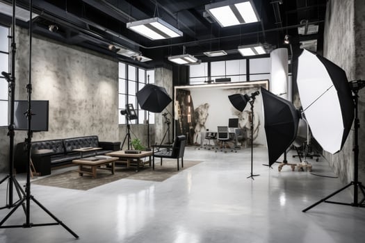 Interior of modern photo studio with professional equipment and lighting equipment, Interior of modern photo studio with professional equipment, AI Generated
