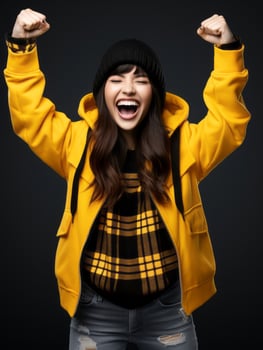 Happy woman celebrating on a solid background AI Generative photo