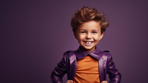 A young boy wearing a superhero costume stands in a triumphant pose photo