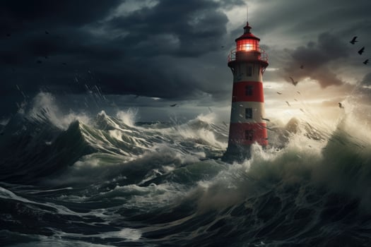 Lighthouse on stormy sea background. 3d render illustration, Lighthouse in the storm on the North Sea. 3d rendering, AI Generated photo