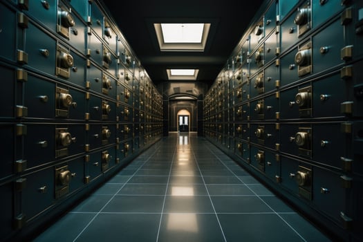 Bank vault with doors and lockers. 3d rendering. Computer digital image, lockers in a bank in a vault, AI Generated photo