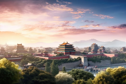 The ancient city of Beijing at sunset, China. Travel background, Landscape view of the Forbidden City in Beijing, China. Panorama, AI Generated photo