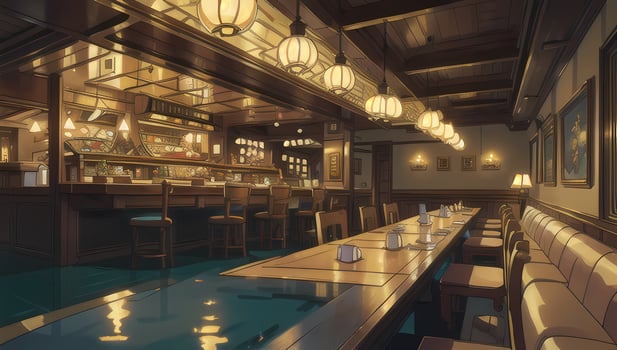 Restaurant Eatery with Wooden Furniture Graphic Novel Anime Manga Wallpaper photo
