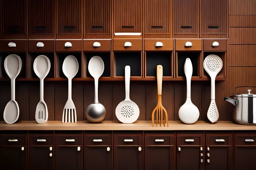 a kitchen with many spoons and utensils on a shelf. AI-Generated photo