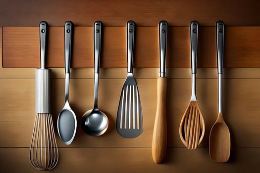 a group of kitchen utensils are hanging on a wall. AI-Generated photo