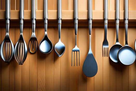 a group of utensils hanging on a wall. AI-Generated photo