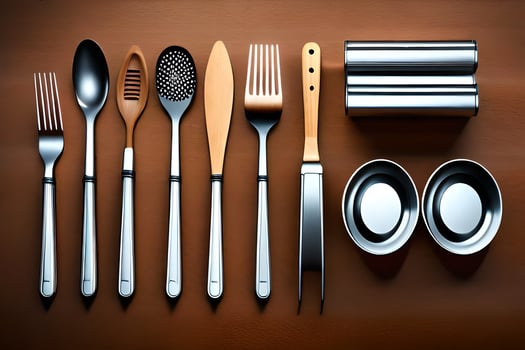 a collection of silverware and utensils on a brown surface. AI-Generated photo