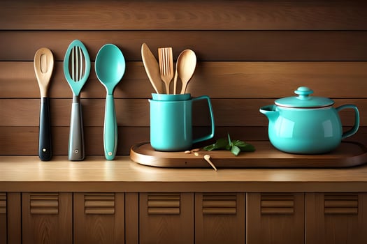 a wooden shelf with teapots, spoons and utensils. AI-Generated photo